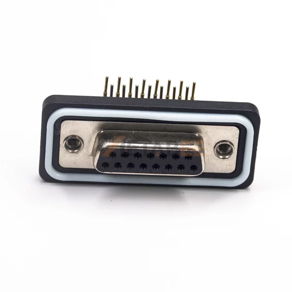 Waterproof D-Sub 15 Pin Female Connector for PCB Mount, Right Angle, Machined Contacts, 2.77mm Pitch, IP67