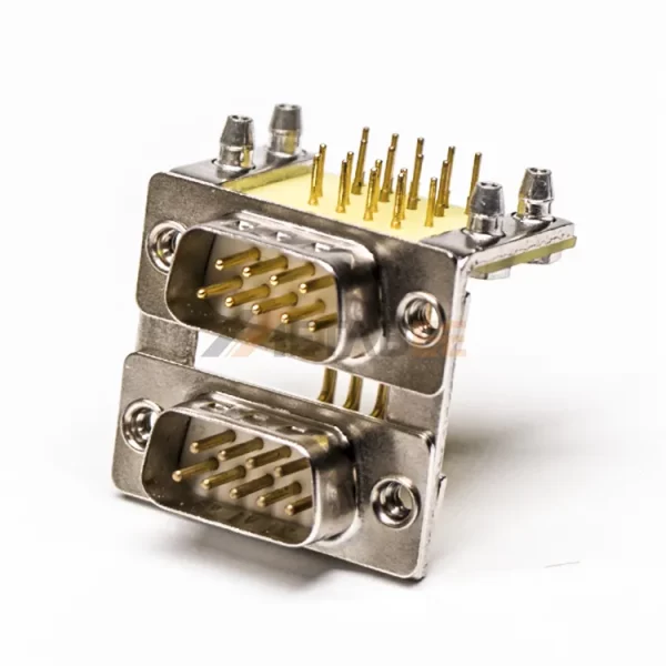 Right Angle D-Sub 9 Pin Male Dual Port Connector for PCB Mount, Through Hole, Machined Contacts