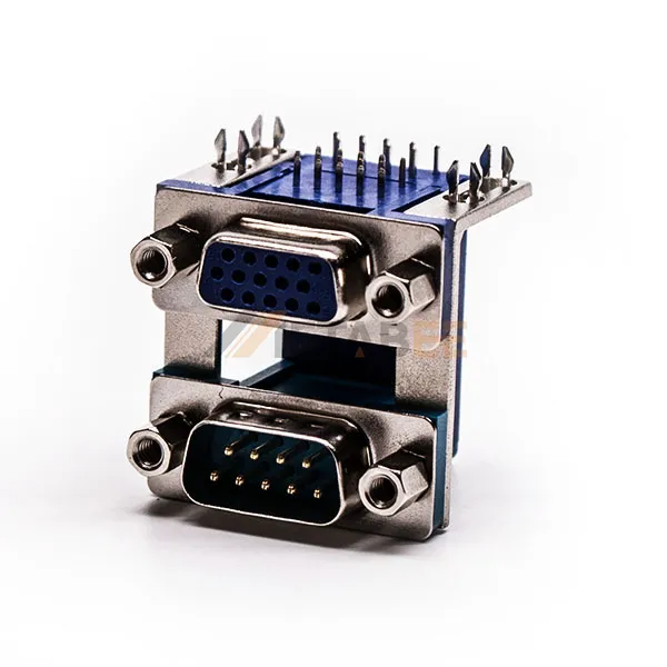 Stacked Dual Port D-Sub Connector, 15 Pin Female and 9 Pin Male, PCB Mount, Through Hole