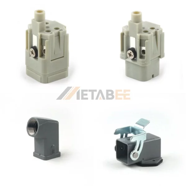 HA Series Heavy Duty Connector, 4+PE. Delivers 10A/250V power with a unique side bulkhead base for efficient horizontal panel mounting.