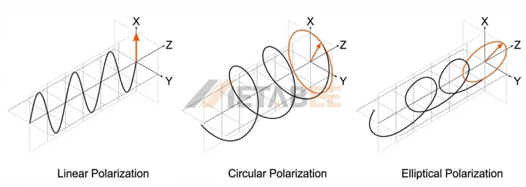 Diagram showing the electric field oscillation paths for Linear Polarization (used in most PCB antennas), Circular Polarization (used in GPS), and Elliptical Polarization.
