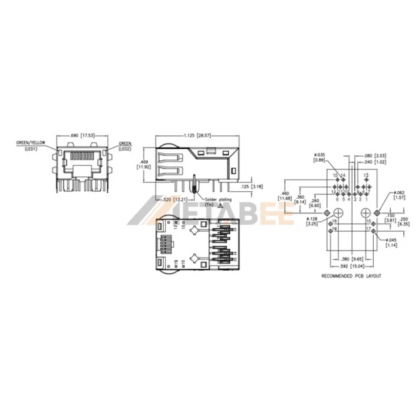 Magjack RJ45 Cat6a Jack, 8P8C, 1×1 Port, 10G Base-T, Shielded with EMI, Through Hole, Right Angle