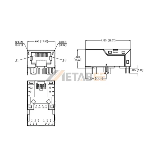 Cat8 RJ45 Modular Jack, Single Port, 8P8C, 25G Base-T, Shielded, Green/Green LED, R/A