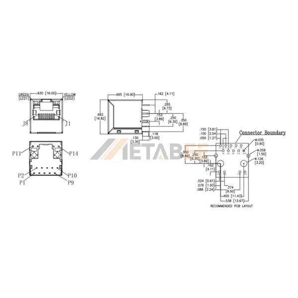 Straight RJ45 Through Hole Connector, Integrated Magnetics, Cat8 Jack, 25G Base-T, Shielded, Through Hole