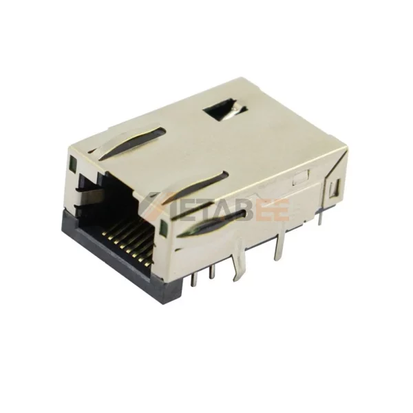 RJ45 Female PCB Connector, 8P8C, 1 Port, Integrated Magnetics, Full Shield, Through Hole, Right Angle