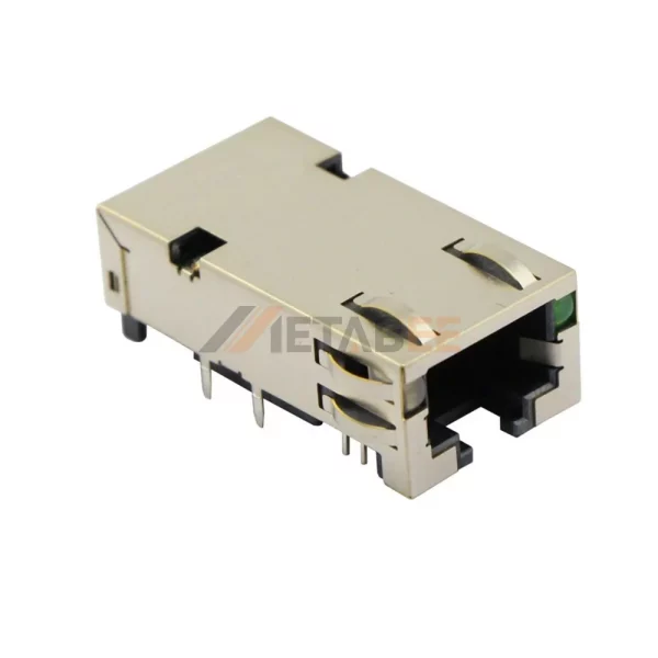 10G Base-T RJ45 Jack with Integrated Magnetics, 8P8C, 1 Port, Tab-Down, Shielded, Through Hole, R/A, Green/Yellow, Green