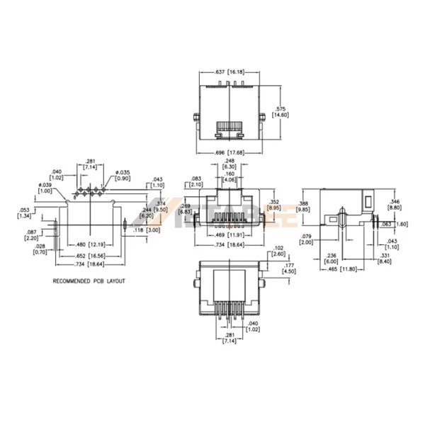 Shielded RJ45 Female Connector, Single Port, 8P8C, Through Hole, Right Angle