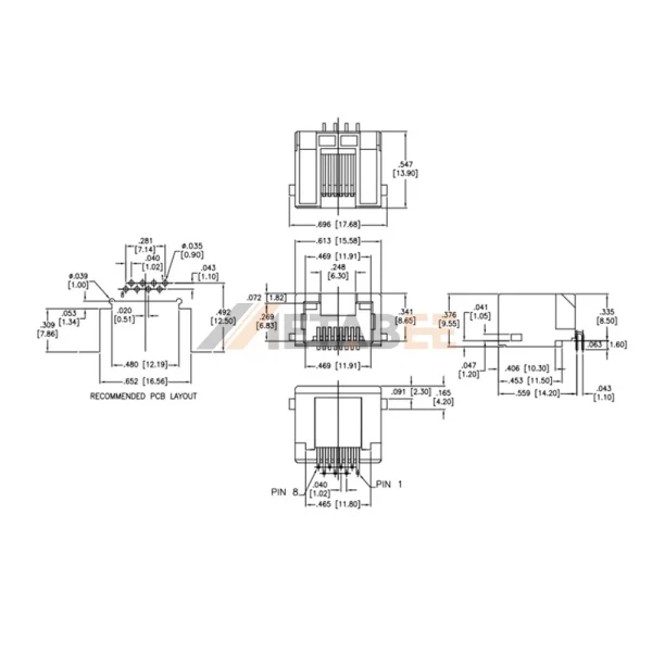 1 Port RJ45 8 Pin Female Connector, 8P8C, Unshielded, PCB Mount, Through Hole, R/A