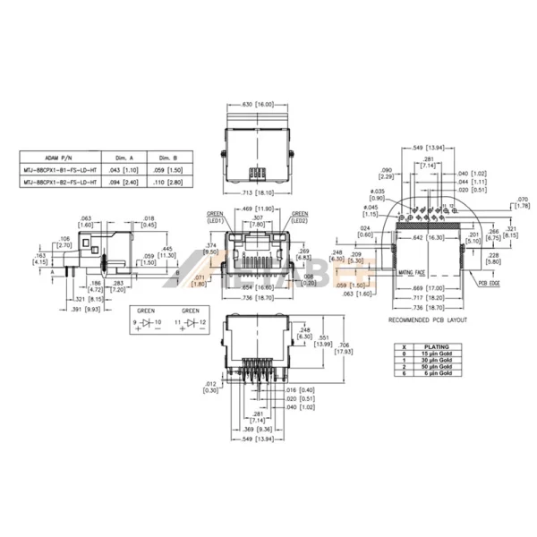 8P8C RJ45 Shielded Connector with LEDs, 1 Port Modular Jack, Shielded, Through Hole, Right Angle, Green/Green