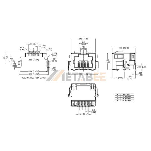 Right Angle RJ45 Jack, Full Shield, 8P8C, 1 Port, Through Hole