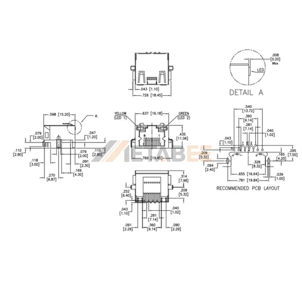 90 Degree RJ45 Modular Jack with LEDs, Single Port, Full Shield, Through Hole, Yellow/Green