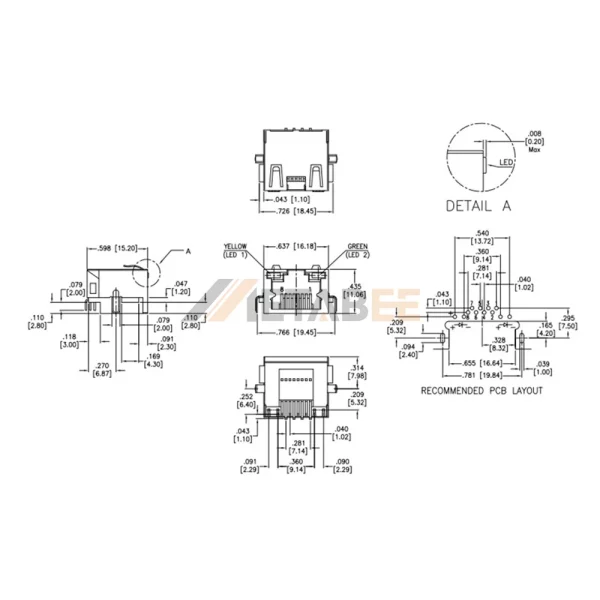 Modular RJ45 Jack 8P8C, 1 Port, Shielded, Through Hole, Right Angle, Green/Yellow LEDs