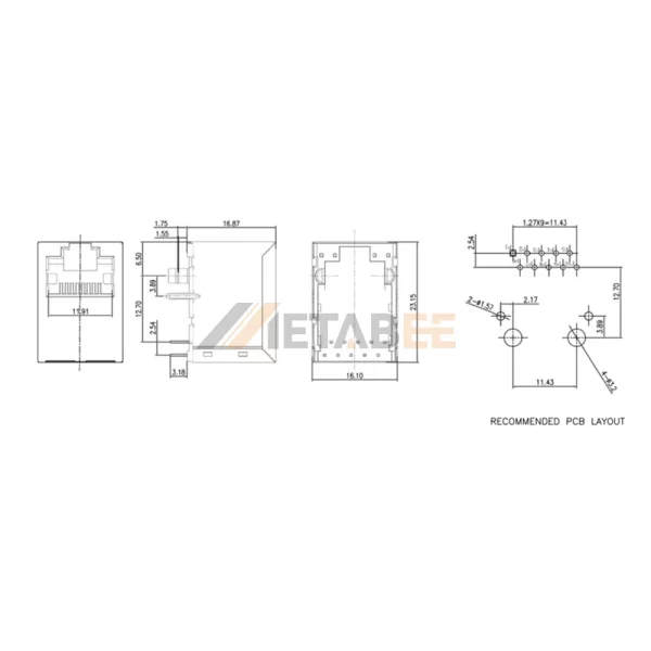 Straight RJ45 PCB Mount Jack 8P8C, 1 Port, Integrated Magnetics, Shielded, Through Hole