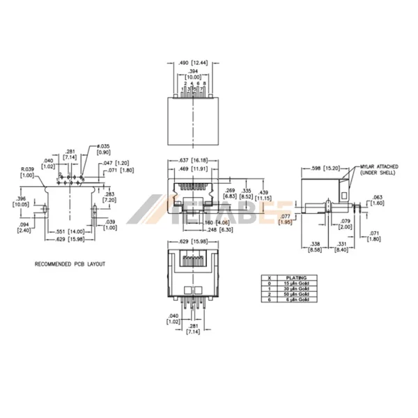 PCB Mount RJ45 Female Connector, 8P8C, 1 Port, Shielded, Tab-Down, Through Hole, Right Angle