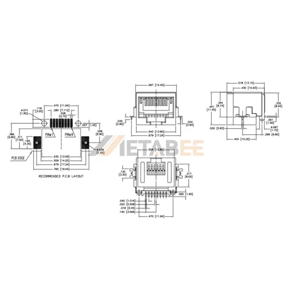 SMT RJ45 Modular Jack without LEDs, 8P8C, 1 Port, Unshielded, Tab-Down, Right Angle