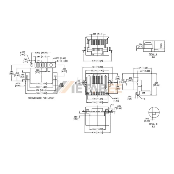 8P8C SMT RJ45 Connector, Modular Jack, 1 Port, Unshielded, Tab-Down, Right Angle