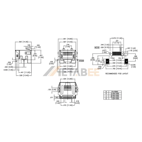 Surface Mount RJ45 Modular Jack without LEDs, 8P8C, 1 Port, Unshielded, Tab-Down, Right Angle