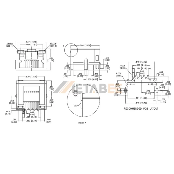 Shielded RJ45 LED Connector, 8P8C, 1×1 Port, Through Hole, Right Angle, Green/Yellow, Nylon46 Shell
