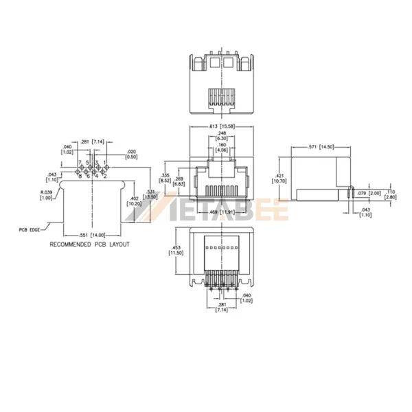 Modular Jack RJ45 Ethernet Connector without LEDs, 8P8C, 1×1 Port, Unshielded, Through Hole, R/A