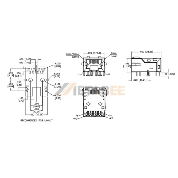 Shielded Cat6a RJ45 Connector Female, 8P8C, 1 Port, 10G Base-T, Integrated Magnetics, Through Hole, R/A