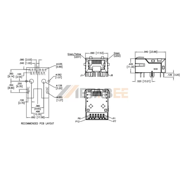 Shielded RJ45 Connector with Magnetics, 8P8C, 1 Port, Through Hole, R/A, Green/Yellow, Green LEDs