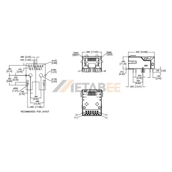 8P8C 90 Degree RJ45 Modular Jack with Magnetics, 1 Port, Cat8, 40G Base-T, Shielded, Through Hole, R/A, Green/Green LEDs