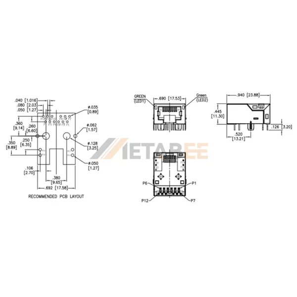 Cat8 Modular RJ45 Jack with Integrated Magnetics, 8P8C, 1 Port, 25G Base-T, Shielded, Through Hole, R/A