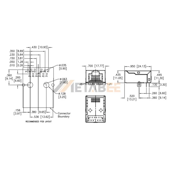 10G Magjack RJ45 Jack without LEDs, 8P8C, Single Port, Cat6a, Shielded, Through Hole, R/A