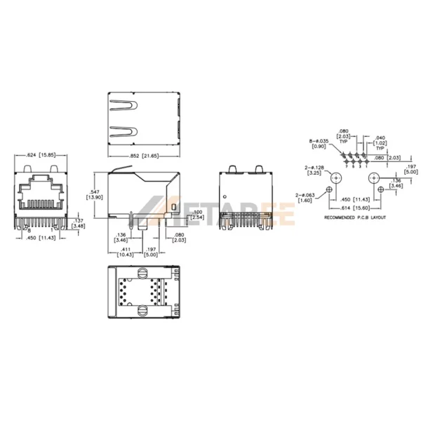 10G ICM Ethernet RJ45 Jack without Magnetics, 8P8C, 1 Port, Shielded, Through Hole, R/A