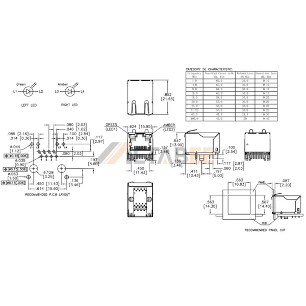 RJ45 Socket PCB Mount 8P8C Jack, 1 Port, 2.5G Base-T, Shielded, Through Hole, R/A, Green/Orange LEDs