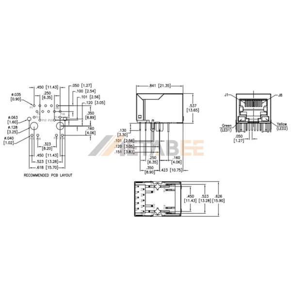 Magnetic RJ45 Jack 8P8C, 1 Port, 25G Base-T, Shielded, Through Hole, R/A, Tab-Down, Green/Yellow LEDs