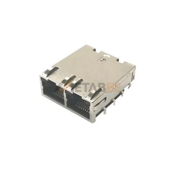 10 Gigabit RJ45 Ethernet Jack with Magnetics, 8P8C, 1×2 Port, Cat6a, Shielded, Right Angle