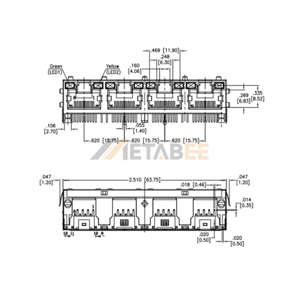 Network Socket 4 Gang RJ45 Jack, 8P8C, 1×4 Port, Cat5, Shielded, Through Hole, R/A, Green/Yellow LEDs