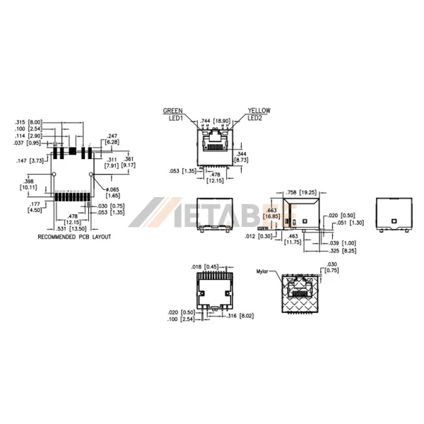 1G Base-T Vertical Integrated Magnetic RJ45 Modular Jack, Surface Mount, STP, Tab-Up, Green/Yellow