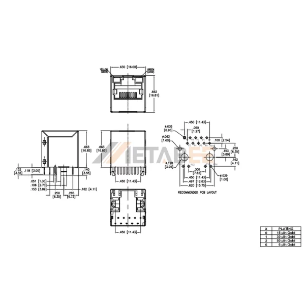Vertical RJ45 Socket With Transformer and LEDs, 100 Base-T, STP, Through Hole, Tab-Up, Yellow/Green