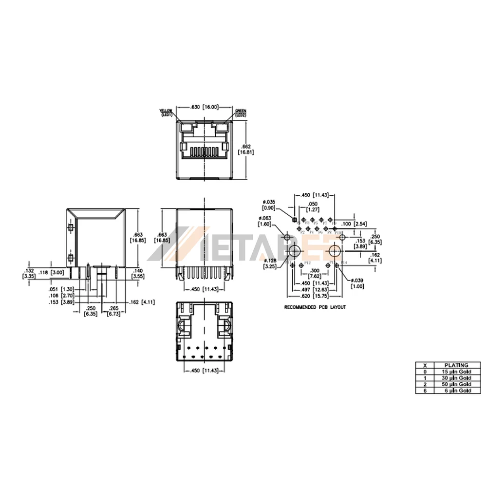 Vertical RJ45 Socket With Transformer and LEDs, 100 Base-T, STP, Through Hole, Tab-Up, Yellow/Green