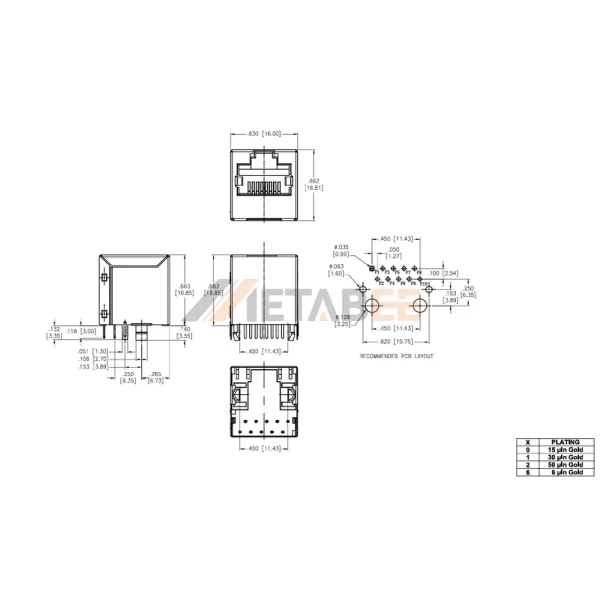 100 Base-T RJ45 Vertical Jack with Magnetics, STP, Through Hole, Tab-Up, No LED