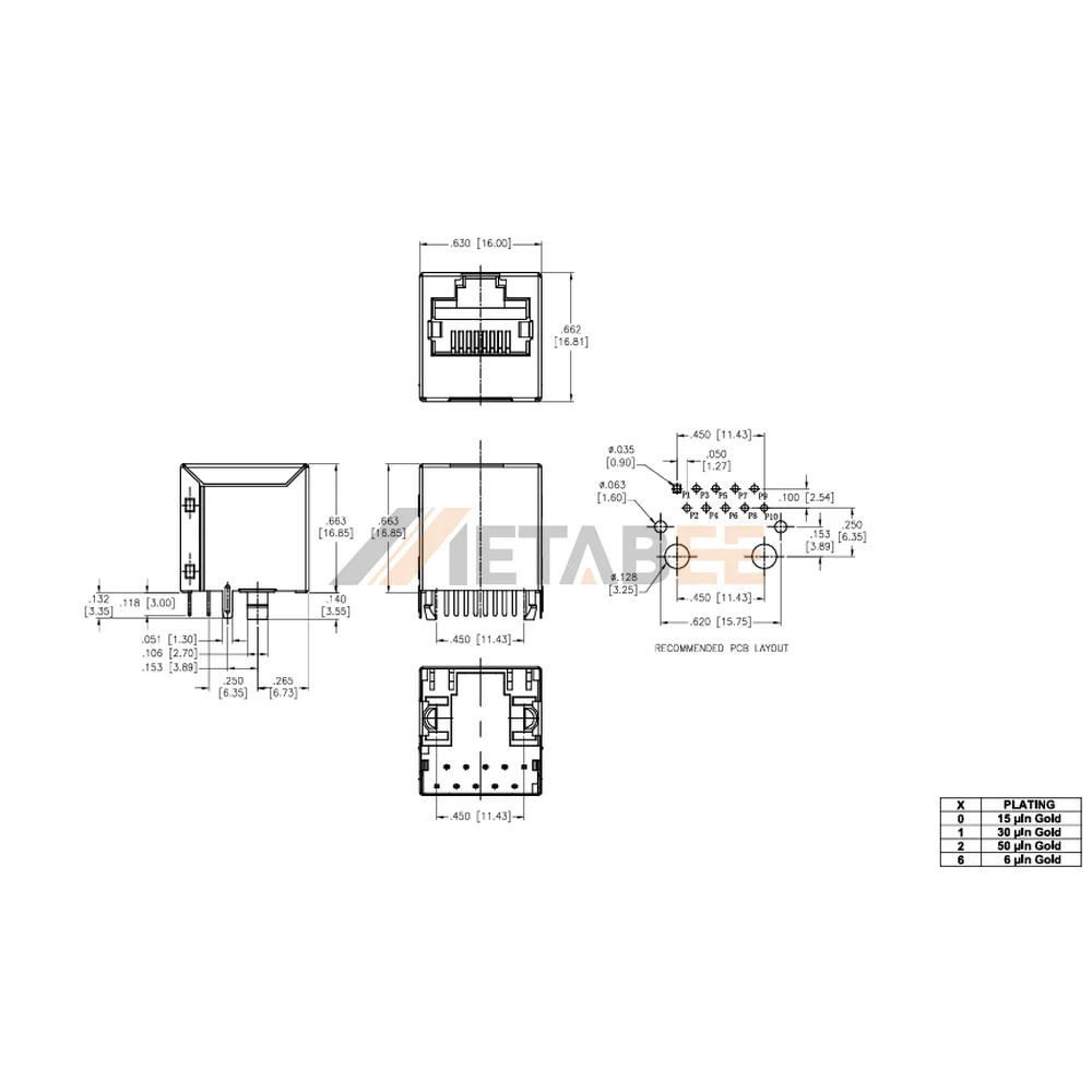 100 Base-T RJ45 Vertical Jack with Magnetics, STP, Through Hole, Tab-Up, No LED