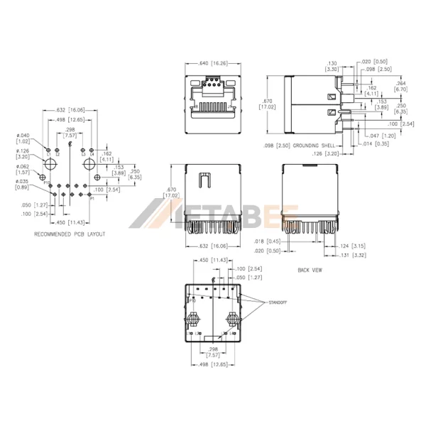 10/100 Base-T RJ45 Jack With Transformer, Vertical, STP, Through Hole, Tab-Up, Green/Orange-Yellow
