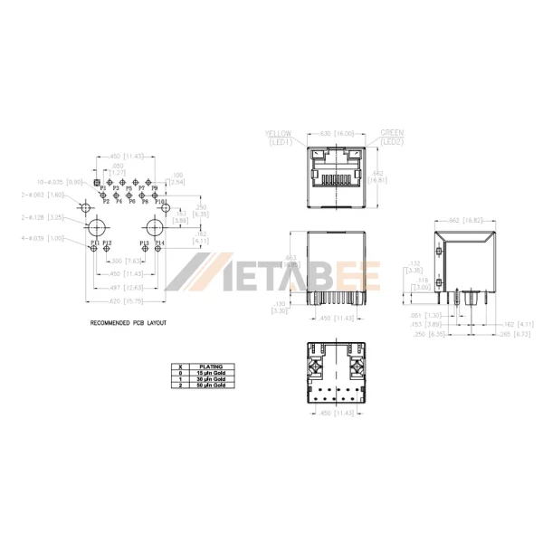 10/100 Base-T Vertical Ethernet RJ45 with Transformer, Shielded, Through Hole, Tab-Up, Yellow/Green