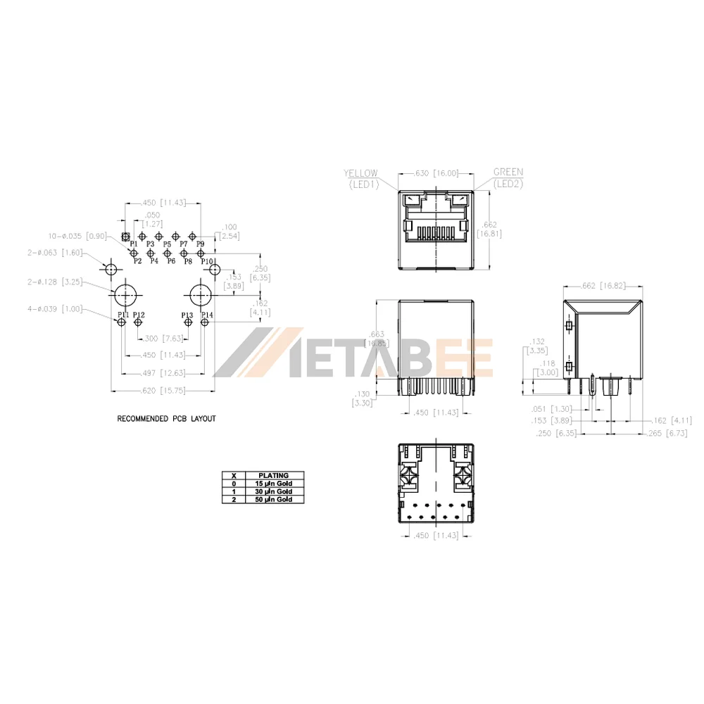10/100 Base-T Vertical Ethernet RJ45 with Transformer, Shielded, Through Hole, Tab-Up, Yellow/Green