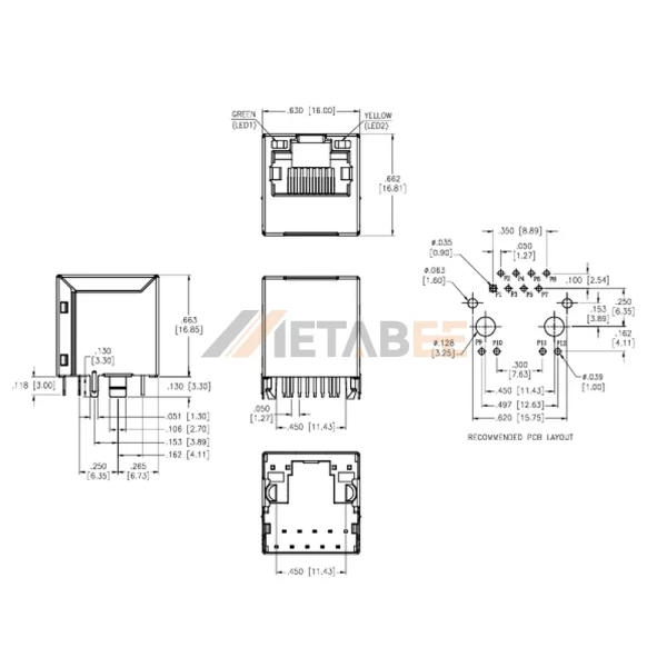 Vertical RJ45 Jack With transformer and LEDs, 10/100 Base-T, STP, Tab-Up, THT, Green/Yellow