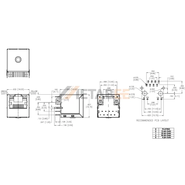 1 Port Vertical RJ45 Jack with Magnetics and LEDs, 10/100 Base-T, STP, Tab-Up, THT, Green/Yellow