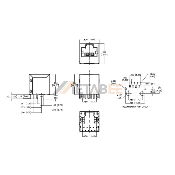 STP Magnetic Vertical RJ45 Modular Jack, 10/100 Base-T, Shielded, Through Hole, Tab-Up, No LED