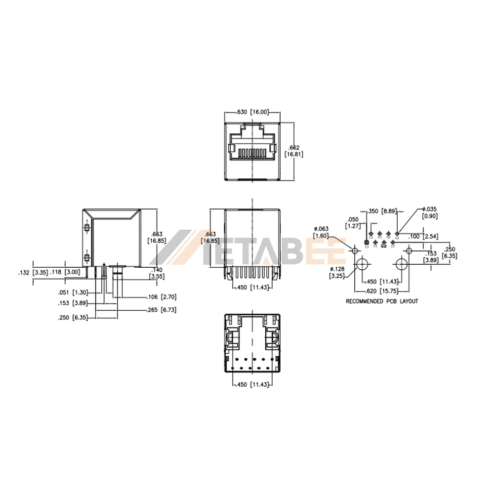 STP Magnetic Vertical RJ45 Modular Jack, 10/100 Base-T, Shielded, Through Hole, Tab-Up, No LED