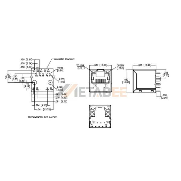 Shielded Vertical RJ45 Modular Magnetic Jack without LEDs, 10/100 Base-T, Surface Mount, Tab-Up, No LED