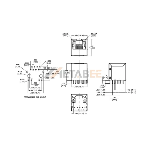 Vertical RJ45 Modular Jack with Integrated Magnetics, 10/100 Base-T, STP, Tab-Up, THT, Green/Yellow