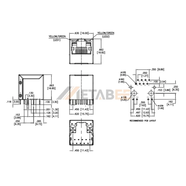 RJ45 Vertical Ethernet Jack Connector with Integrated Magnetics, 10/100 Base-T, STP, Tab-Up, THT