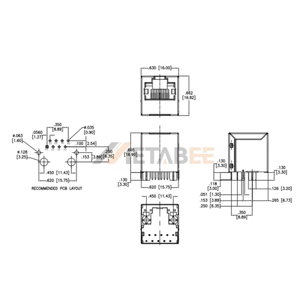Low Profile Vertical PoE RJ45 Jack with Magnetics, 1 Port, 10/100 Base-T, Shielded, Tab-Up, THT, No LED