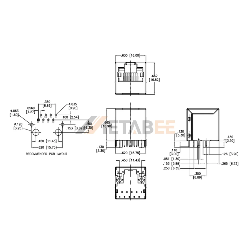 Low Profile Vertical PoE RJ45 Jack with Magnetics, 1 Port, 10/100 Base-T, Shielded, Tab-Up, THT, No LED